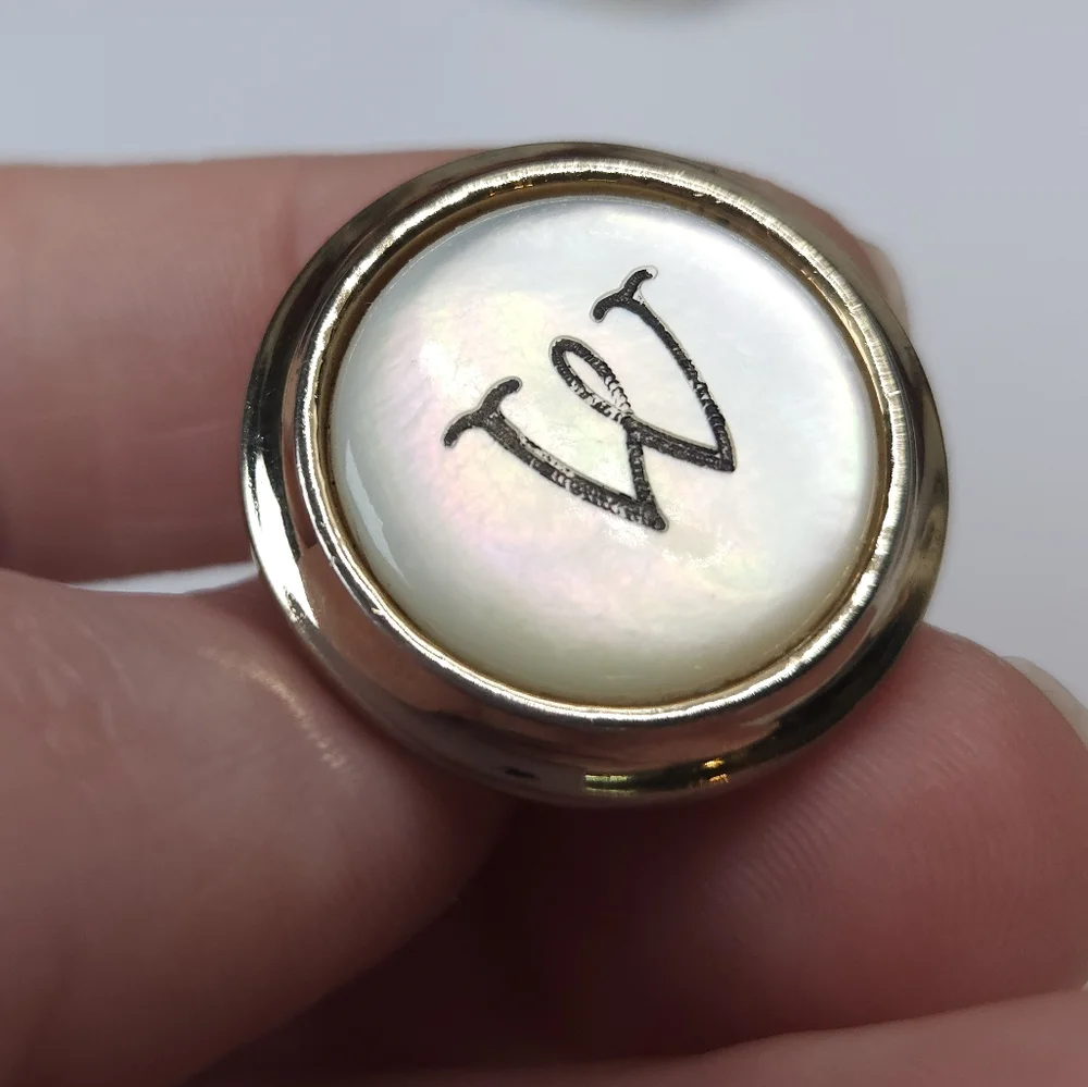 Vintage Mother of Pearl Letter W Monogram Gold Plate Cuff Links Tie Clip Set